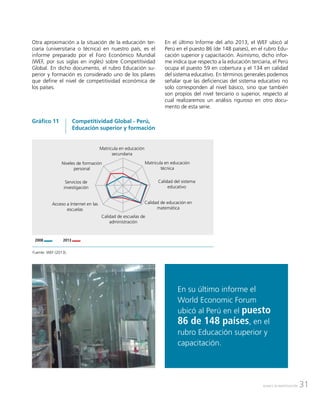31AVANCE DE INVESTIGACIÓN
Fuente: WEF (2013).
Competitividad Global - Perú,
Educación superior y formación
Gráfico 11
20132008
Matricula en educación
secundaria
Matricula en educación
técnica
Niveles de formación
personal
Servicios de
investigación
Acceso a Internet en las
escuelas
Calidad de educación en
matemática
Calidad de escuelas de
administración
Calidad del sistema
educativo
Otra aproximación a la situación de la educación ter-
ciaria (universitaria o técnica) en nuestro país, es el
informe preparado por el Foro Económico Mundial
(WEF, por sus siglas en inglés) sobre Competitividad
Global. En dicho documento, el rubro Educación su-
perior y formación es considerado uno de los pilares
que define el nivel de competitividad económica de
los países.
En el último Informe del año 2013, el WEF ubicó al
Perú en el puesto 86 (de 148 países), en el rubro Edu-
cación superior y capacitación. Asimismo, dicho infor-
me indica que respecto a la educación terciaria, el Perú
ocupa el puesto 59 en cobertura y el 134 en calidad
del sistema educativo. En términos generales podemos
señalar que las deficiencias del sistema educativo no
solo corresponden al nivel básico, sino que también
son propios del nivel terciario o superior, respecto al
cual realizaremos un análisis riguroso en otro docu-
mento de esta serie.
En su último informe el
World Economic Forum
ubicó al Perú en el puesto
86 de 148 países, en el
rubro Educación superior y
capacitación.
 