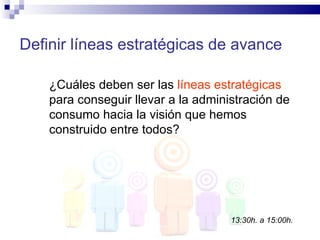 Definir líneas estratégicas de avance

    ¿Cuáles deben ser las líneas estratégicas
    para conseguir llevar a la administración de
    consumo hacia la visión que hemos
    construido entre todos?




                                     13:30h. a 15:00h.
 