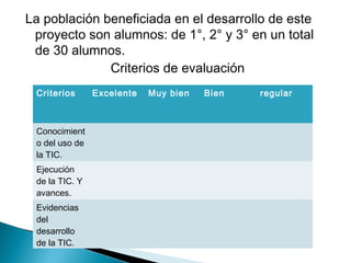La población beneficiada en el desarrollo de este
proyecto son alumnos: de 1°, 2° y 3° en un total
de 30 alumnos.
Criterios de evaluación
Criterios Excelente Muy bien Bien regular
Conocimient
o del uso de
la TIC.
Ejecución
de la TIC. Y
avances.
Evidencias
del
desarrollo
de la TIC.
 