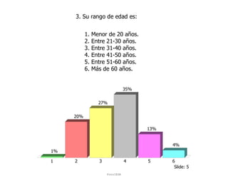 3. Su rango de edad es:


           1.   Menor de 20 años.
           2.   Entre 21-30 años.
           3.   Entre 31-40 años.
           4.   Entre 41-50 años.
           5.   Entre 51-60 años.
           6.   Más de 60 años.


                                 35%


                  27%


     20%

                                       13%


                                             4%
1%

1    2            3              4     5     6
                                              Slide: 5
                      ForoIESA
 