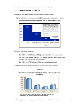 Universidad Nacional de Ingeniería
Asociación de Centros de Estudiantes de la Universidad Nacional De Ingeniería (ACUNI)
Análisis y conclusiones sobre el nuevo régimen especial laboral juvenily trabajo de jóvenes generalizado
Secretaría de Proyección Social - ACUNI
3
1.2. LA EDUCACIÓN Y EL EMPLEO
La relación educación empleo se aprecia en el siguiente gráfico:
Gráfico 1: Relación porcentual entre la PEA con estudios secundarios y el nivel
educativo. Fuente: (Chacaltana & Ruiz, 2012 en base a ENAJUV 2011)
El gráfico enuncia lo siguiente:
- Del 100% de la PEA sólo un 58% presenta estudios post-secundarios.
- Del 100% de la PEA sólo un 23% trabaja en algo relacionado a los
estudios post-secundarios que realizaron.
- Del 100% de la PEA sólo un 12% tuvo un estudio de calidad.
También se muestra la relación entre jóvenes que trabajan y estudian.
Gráfico 2
 