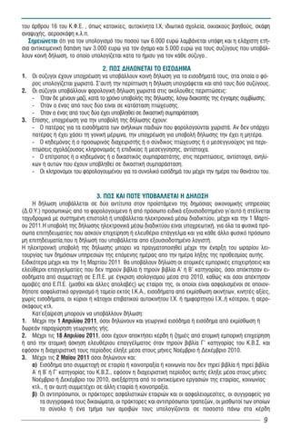 του άρθρου 16 του Κ.Φ.Ε. , όπως κατοικίες, αυτοκίνητα Ι.Χ, ιδιωτικά σχολεία, οικιακούς βοηθούς, σκάφη
αναψυχής, αεροσκάφη κ.λ.π.
   Σημειώνεται ότι για τον υπολογισμό του ποσού των 6.000 ευρώ λαμβάνεται υπόψη και η ελάχιστη ετή-
σια αντικειμενική δαπάνη των 3.000 ευρώ για τον άγαμο και 5.000 ευρώ για τους συζύγους που υποβάλ-
λουν κοινή δήλωση, το οποίο υπολογίζεται κατα το ήμισυ για τον κάθε σύζυγο..

                                 2. ÐÙÓ ÄÇËÙÍÅÔÁÉ ÔÏ ÅÉÓÏÄÇÌÁ
1. Ïé óýæõãïé Ý÷ïõí õðï÷ñÝùóç íá õðïâÜëëïõí êïéíÞ äÞëùóç ãéá ôá åéóïäÞìáôÜ ôïõò, óôá ïðïßá ï öü-
   ñïò õðïëïãßæåôáé ÷ùñéóôÜ. Ó’áõôÞ ôçí ðåñßðôùóç ç äÞëùóç õðïãñÜöåôáé êáé áðü ôïõò äýï óõæýãïõò.
2. Ïé óýæõãïé õðïâÜëëïõí öïñïëïãéêÞ äÞëùóç ÷ùñéóôÜ óôéò áêüëïõèåò ðåñéðôþóåéò:
   - ¼ôáí äå ìÝíïõí ìáæß, êáôÜ ôï ÷ñüíï õðïâïëÞò ôçò äÞëùóçò, ëüãù äéáêïðÞò ôçò Ýããáìçò óõìâßùóçò.
   - ¼ôáí ï Ýíáò áðü ôïõò äýï åßíáé óå êáôÜóôáóç ðôþ÷åõóçò.
   - ¼ôáí ï Ýíáò áðü ôïõò äýï Ý÷åé õðïâëçèåß óå äéêáóôéêÞ óõìðáñÜóôáóç.
3. Åðßóçò, õðï÷ñÝùóç ãéá ôçí õðïâïëÞ ôçò äÞëùóçò Ý÷ïõí:
   - Ï ðáôÝñáò ãéá ôá åéóïäÞìáôá ôùí áíÞëéêùí ðáéäéþí ðïõ öïñïëïãïýíôáé ÷ùñéóôÜ. Áí äåí õðÜñ÷åé
   ðáôÝñáò Þ Ý÷åé ÷Üóåé ôç ãïíéêÞ ìÝñéìíá, ôçí õðï÷ñÝùóç ãéá õðïâïëÞ äÞëùóçò ôçí Ý÷åé ç ìçôÝñá.
   - Ï êçäåìüíáò Þ ï ðñïóùñéíüò äéá÷åéñéóôÞò Þ ï óýíäéêïò ðôþ÷åõóçò Þ ï ìåóåããõïý÷ïò ãéá ðåñé-
   ðôþóåéò ó÷ïëÜæïõóáò êëçñïíïìéÜò Þ åðéäéêßáò Þ ìåóåããýçóçò, áíôßóôïé÷á.
   - Ï åðßôñïðïò Þ ï êçäåìüíáò Þ ï äéêáóôéêüò óõìðáñáóôÜôçò, óôéò ðåñéðôþóåéò, áíôßóôïé÷á, áíçëß-
   êùí Þ áõôþí ðïõ Ý÷ïõí õðïâëçèåß óå äéêáóôéêÞ óõìðáñÜóôáóç.
   - Ïé êëçñïíüìïé ôïõ öïñïëïãïõìÝíïõ ãéá ôï óõíïëéêü åéóüäçìÜ ôïõ ìÝ÷ñé ôçí çìÝñá ôïõ èáíÜôïõ ôïõ.


                               3. ÐÙÓ ÊÁÉ ÐÏÔÅ ÕÐÏÂÁËËÅÔÁÉ Ç ÄÇËÙÓÇ
     Ç äÞëùóç õðïâÜëëåôáé óå äýï áíôßôõðá óôïí ðñïúóôÜìåíï ôçò äçìüóéáò ïéêïíïìéêÞò õðçñåóßáò
(Ä.Ï.Õ.) ðñïóùðéêþò áðü ôï öïñïëïãïýìåíï Þ áðü ðñüóùðï åéäéêÜ åîïõóéïäïôçìÝíï ãé’áõôü Þ óôÝëíåôáé
ôá÷õäñïìéêÜ ìå óõóôçìÝíç åðéóôïëÞ Þ õðïâÜëëåôáé çëåêôñïíéêÜ ìÝóù äéáäéêôýïõ, ìÝ÷ñé êáé ôην 1 Ìáñôß-
ïõ 2011.Η υποβολή της δήλωσης ηλεκτρονικά μέσω διαδικτύου είναι υποχρεωτική, για όλα τα φυσικά πρό-
σωπα επιτηδευματίες που ασκούν επιχείρηση ή ελευθέριο επάγγελμα και για κάθε άλλο φυσικό πρόσωπο
μη επιτηδευματία,που η δήλωσή του υποβάλλεται απο εξουσιοδοτημένο λογιστή.
Η ηλεκτρονική υποβολή της δήλωσης μπορει να πραγματοποιηθεί μέχρι την έναρξη του ωραρίου λει-
τουργίας των δημόσιων υπηρεσιών της επόμενης ημέρας απο την ημέρα λήξης της προθεσμίας αυτής.
Åéäéêüôåñá ìÝ÷ñé êáé ôην 1η Ìáñôßïõ 2011 èá õðïâÜëïõí äÞëùóç ïé áôïìéêÝò åìðïñéêÝò åðé÷åéñÞóåéò êáé
åëåýèåñïé åðáããåëìáôßåò ðïõ äåí ôçñïýí âéâëßá Þ ôçñïýí âéâëßá Á’ Þ Â’ êáôçãïñßáò, üóïé áðüêôçóáí åé-
óïäÞìáôá áðü óõììåôï÷Þ óå Å.Ð.Å. ìå Ýãêñéóç éóïëïãéóìïý ìÝóá óôï 2010, καθώς και όσοι απέκτησαν
αμοιβές από Ε.Π.Ε. (μισθοί και άλλες απολαβές) ως εταίροι της, οι οποίοι είναι ασφαλισμένοι σε οποιον-
δήποτε ασφαλιστικό οργανισμό ή ταμείο εκτός Ι.Κ.Α., åéóïäÞìáôá áðü åêìßóèùóç áêéíÞôùí, êéíçôÝò áîßåò,
÷ùñßò åéóïäÞìáôá, ïé êýñéïé Þ êÜôï÷ïé åðéâáôéêïý áõôïêéíÞôïõ É.×. Þ çìéöïñôçãïý É.×.,ή êüôåñïõ, ή áåñï-
óêÜöïõò êôë.
     Êáô´åîáßñåóç ìðïñïýí íá õðïâÜëëïõí äÞëùóç:
1. ÌÝ÷ñé ôçí 1 Áðñéëßïõ 2011, üóïé äçëþíïõí êáé ãåùñãéêü åéóüäçìá Þ åéóüäçìá áðü åêìßóèùóç Þ
äùñåÜí ðáñá÷þñçóç ãåùñãéêÞò ãÞò.
2. ÌÝ÷ñé ôéò 18 Áðñéëßïõ 2011, üóïé Ý÷ïõí áðïêôÞóåé êÝñäç Þ æçìéÝò áðü áôïìéêÞ åìðïñéêÞ åðé÷åßñçóç
Þ áðü ôçí áôïìéêÞ Üóêçóç åëåõèÝñéïõ åðáããÝëìáôïò üôáí ôçñïýí âéâëßá Ã’ êáôçãïñßáò ôïõ Ê.Â.Ó. êáé
åöüóïí ç äéá÷åéñéóôéêÞ ôïõò ðåñßïäïò Ýëçîå ìÝóá óôïõò ìÞíåò ÍïÝìâñéï Þ ÄåêÝìâñéï 2010.
3. ÌÝ÷ñé ôéò 2 ÌáÀïõ 2011 üóïé äçëþíïõí êáé:
     á) Åéóüäçìá áðï óõììåôï÷Þ óå åôáéñßá Þ êïéíïðñáîßá Þ êïéíùíßá ðïõ äåí ôçñåß âéâëßá Þ ôçñåß âéâëßá
     Á´ Þ Â´ Þ Ã´ êáôçãïñßáò ôïõ Ê.Â.Ó., åöüóïí ç äéá÷åéñéóôéêÞ ðåñßïäïò áõôÞò Ýëçîå ìÝóá óôïõò ìÞíåò
     ÍïÝìâñéï Þ ÄåêÝìâñéï ôïõ 2010, áíåîÜñôçôá áðü ôï áíôéêåßìåíï åñãáóéþí ôçò åôáéñßáò, êïéíùíßáò
     êôë., Þ áí áõôÞ óõììåôÝ÷åé óå Üëëç åôáéñßá Þ êïéíïðñáîßá.
     â) Ïé áíôéðñüóùðïé, ïé ðñÜêôïñåò áóöáëéóôéêþí åôáéñéþí êáé ïé áóöáëåéïìåóßôåò, ïé óõããñáöåßò ãéá
         ôá óõããñáöéêÜ ôïõò äéêáéþìáôá, ïé ðñÜêôïñåò êáé áíôéðñüóùðïé ôñáðåæþí, ïé ìéóèùôïß ôùí ïðïßùí
         ôï óýíïëï Þ Ýíá ôìÞìá ôùí áìïéâþí ôïõò õðïëïãßæïíôáé óå ðïóïóôü ðÜíù óôá êÝñäç
                                                                                                    9
 