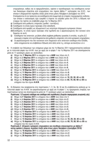 åðé÷åéñÞóåùí, êáèþò êáé ïé åöçìåñéäïðþëåò, åöüóïí ï ðñïóäéïñéóìüò ôïõ åéóïäÞìáôïò áõôþí
        ôùí äéêáéïý÷ùí åîáñôÜôáé áðü åðé÷åéñÞóåéò ðïõ ôçñïýí âéâëßá Ã’ êáôçãïñßáò ôïõ Ê.Â.Ó., ôùí
        ïðïßùí ç äéá÷åéñéóôéêÞ ðåñßïäïò Ýëçîå ìÝóá óôïõò ìÞíåò ÍïÝìâñéï Þ ÄåêÝìâñéï ôïõ 2010.
        Åðéóçìáßíåôáé üôé áí ðñüêåéôáé ãéá åéóïäÞìáôá áðü óõììåôï÷Þ óå åôáéñßåò ðåñéïñéóìÝíçò åõèýíçò,
        ôùí ïðïßùí ï éóïëïãéóìüò Ý÷åé åãêñéèåß Þ Ýðñåðå íá åãêñéèåß ìÝóá óôï 2010, ç äÞëùóç ôùí
        åôáßñùí ôçò ðñÝðåé íá õðïâëçèåß ìÝ÷ñé ôην 1η Ìáñôßïõ 2011.
     ã) ÅéóïäÞìáôá áðü ìéóèùôÝò õðçñåóßåò (ìéóèïß - óõíôÜîåéò).
     ä) ÅéóïäÞìáôá ôá ïðïßá Ý÷ïõí ðñïêýøåé óôçí áëëïäáðÞ.
     å) ÅéóïäÞìáôá áðü áìïéâÝò ùò áîéùìáôéêïß Þ ùò êáôþôåñá ðëçñþìáôá åìðïñéêþí ðëïßùí.
     óô)ÅéóïäÞìáôá, ôá ïðïßá Ý÷ïõí ðñïêýøåé óôçí çìåäáðÞ êáé ï öïñïëïãïýìåíïò äåí êáôïéêåß ïýôå
        äéáìÝíåé óå áõôÞ.
     æ) ÅéóïäÞìáôá ðïõ áðïêôïýí, ìå âÜóç åéäéêÞ óýìâáóç ìßóèùóçò åñãáóßáò Þ åíôïëÞò, ôá ìÝëç Ä.Ó.
         áíþíõìçò åôáéñßáò åßôå áõôÜ èåùñïýíôáé áðü ìéóèùôÝò õðçñåóßåò åßôå áðü åìðïñéêÝò åðé÷åéñÞóåéò.
     ç) Ïé öïñïëïãïýìåíïé ðïõ äåí êáôïéêïýí ïýôå äéáìÝíïõí ïýôå áðïêôïýí åéóüäçìá óôçí ÅëëÜäá,
         áëëÜ õðï÷ñåïýíôáé íá õðïâÜëëïõí äÞëùóç áðü Üëëç áéôßá ð.÷. êÜôï÷ïé áõôïêéíÞôïõ ê.ë.ð.

4. Ç õðïâïëÞ ôùí äçëþóåùí ôùí õðü÷ñåùí ìÝ÷ñé êáé ôην 1η Ìáñôßïõ 2011 ðñáãμáôïðïéåßôáé áíÜëïãá
ìå ôï ôåëåõôáßï øçößï ôïõ Á.Ö.Ì. ôïõò ìå áñ÷Þ ãéá ôï øçößï 1 ôην 1η Ìáñôßïõ 2011 êáé ïëïêëçñþíåôáé
ìÝóá óå 11 åñãÜóéìåò ìÝñåò ùò áêïëïýèùò:
    á) ÌÝ÷ñé ôην 1η Ìáñôßïõ 2011 ïé õðü÷ñåïé ðïõ ï ÁÖÌ ôïõò ëÞãåé óôï 1.
    â) ÌÝ÷ñé ôéò 2 Ìáñôßïõ 2011 ïé õðü÷ñåïé ðïõ ï ÁÖÌ ôïõò ëÞãåé óôï 2.
    ã) ÌÝ÷ñé ôéò 3 Ìáñôßïõ 2011 ïé õðü÷ñåïé ðïõ ï ÁÖÌ ôïõò ëÞãåé óôï 3.
    ä) ÌÝ÷ñé ôéò 4 Ìáñôßïõ 2011 ïé õðü÷ñåïé ðïõ ï ÁÖÌ ôïõò ëÞãåé óôï 4.
    å) ÌÝ÷ñé ôéò 8 Ìáñôßïõ 2011 ïé õðü÷ñåïé ðïõ ï ÁÖÌ ôïõò ëÞãåé óôï 5.
    óô) ÌÝ÷ñé ôéò 9 Ìáñôßïõ 2011 ïé õðü÷ñåïé ðïõ ï ÁÖÌ ôïõò ëÞãåé óôï 6.
    æ) ÌÝ÷ñé ôéò 10 Ìáñôßïõ 2011 ïé õðü÷ñåïé ðïõ ï ÁÖÌ ôïõò ëÞãåé óôï 7.
    ç) ÌÝ÷ñé ôéò 11 Ìáñôßïõ 2011 ïé õðü÷ñåïé ðïõ ï ÁÖÌ ôïõò ëÞãåé óôï 8.
    è) ÌÝ÷ñé ôéò 14 Ìáñôßïõ 2011 ïé õðü÷ñåïé ðïõ ï ÁÖÌ ôïõò ëÞãåé óôï 9.
    é) ÌÝ÷ñé ôéò 15 Ìáñôßïõ 2011 ïé õðü÷ñåïé ðïõ ï ÁÖÌ ôïõò ëÞãåé óå 10, 20, 30, 40 êáé 50.
    éá) ÌÝ÷ñé ôéò 16 Ìáñôßïõ 2011 ïé õðü÷ñåïé ðïõ ï ÁÖÌ ôïõò ëÞãåé óå 60, 70, 80, 90 êáé 00 êáé
         õðü÷ñåïé ðïõ äåí Ý÷ïõí Á.Ö.Ì.

5. Ïé äçëþóåéò ðïõ áíáöÝñïíôáé óôéò ðåñéðôþóåéò 1, 2, 3á, 3â, 3æ êáé 3ç õðïâÜëëïíôáé áíÜëïãá ìå ôï
ôåëåõôáßï øçößï ôïõ Á.Ö.Ì. ôïõ öïñïëïãïýìåíïõ ìå áñ÷Þ ãéá ôï øçößï 1, ôéò çìåñïìçíßåò Ýíáñîçò ôùí
ðåñéðôþóåùí áõôþí êáé ïëïêëçñþíåôáé ìÝóá óå 11 åñãÜóéìåò ìÝñåò ùò áêïëïýèùò:
    Ðåñßðôùóç 1 (Ãåùñãéêü åéóüäçìá êáé åéóüäçìá áðü åêìßóèùóç Þ äùñåÜí ðáñá÷þñçóç ãåùñãéêÞò ãÞò)
    á) ÌÝ÷ñé ôçí1η Áðñéëßïõ 2011 ïé õðü÷ñåïé ðïõ ï ÁÖÌ ôïõò ëÞãåé óôï 1.
    â) ÌÝ÷ñé ôéò 4 Áðñéëßïõ 2011 ïé õðü÷ñåïé ðïõ ï ÁÖÌ ôïõò ëÞãåé óôï 2.
    ã) ÌÝ÷ñé ôéò 5 Áðñéëßïõ 2011 ïé õðü÷ñåïé ðïõ ï ÁÖÌ ôïõò ëÞãåé óôï 3.
    ä) ÌÝ÷ñé ôéò 6 Áðñéëßïõ 2011 ïé õðü÷ñåïé ðïõ ï ÁÖÌ ôïõò ëÞãåé óôï 4.
    å) ÌÝ÷ñé ôéò 7 Áðñéëßïõ 2011 ïé õðü÷ñåïé ðïõ ï ÁÖÌ ôïõò ëÞãåé óôï 5.
    óô) ÌÝ÷ñé ôéò 8 Áðñéëßïõ 2011 ïé õðü÷ñåïé ðïõ ï ÁÖÌ ôïõò ëÞãåé óôï 6.
    æ) ÌÝ÷ñé ôéò 11 Áðñéëßïõ 2011 ïé õðü÷ñåïé ðïõ ï ÁÖÌ ôïõò ëÞãåé óôï 7.
    ç) ÌÝ÷ñé ôéò 12 Áðñéëßïõ 2011 ïé õðü÷ñåïé ðïõ ï ÁÖÌ ôïõò ëÞãåé óôï 8.
    è) ÌÝ÷ñé ôéò 13 Áðñéëßïõ 2011 ïé õðü÷ñåïé ðïõ ï ÁÖÌ ôïõò ëÞãåé óôï 9.
    é) ÌÝ÷ñé ôéò 14 Áðñéëßïõ 2011 ïé õðü÷ñåïé ðïõ ï ÁÖÌ ôïõò ëÞãåé óå 10, 20, 30, 40 êáé 50.
    éá) ÌÝ÷ñé ôéò 15 Áðñéëßïõ 2011 ïé õðü÷ñåïé ðïõ ï ÁÖÌ ôïõò ëÞãåé óå 60, 70, 80, 90 êáé 00 êáé
        õðü÷ñåïé ðïõ äåí Ý÷ïõí Á.Ö.Ì.
    Ðåñßðôùóç 2 (ÁôïìéêÝò åìðïñéêÝò åðé÷åéñÞóåéò êáé åëåýèåñïé åðáããåëìáôßåò ìå âéâëßá Ã´
    êáôçã.åöüóïí ç äéá÷åéñ. ðåñßïäïò Ýëçîå ìÝóá óôïõò ìÞíåò ÍïÝìâñéï Þ ÄåêÝìâñéï 2010)
    á) ÌÝ÷ñé ôéò 18 Áðñéëßïõ 2011 ïé õðü÷ñåïé ðïõ ï ÁÖÌ ôïõò ëÞãåé óôï 1.
    â) ÌÝ÷ñé ôéò 19 Áðñéëßïõ 2011 ïé õðü÷ñåïé ðïõ ï ÁÖÌ ôïõò ëÞãåé óôï 2.
    ã) ÌÝ÷ñé ôéò 20 Áðñéëßïõ 2011 ïé õðü÷ñåïé ðïõ ï ÁÖÌ ôïõò ëÞãåé óôï 3.

10
 