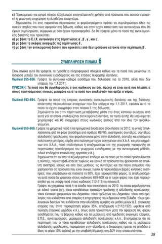 å) Προκειμένου για αγορά πάγιου εξοπλισμού επαγγελματικής χρήσης από πρόσωπα που ασκούν εμπορι-
κή ή γεωργική επιχείρηση ή ελευθέριο επάγγελμα.
   Σημειώνεται ότι στις παραπάνω περιπτώσεις οι φορολογούμενοι πρέπει να συμπληρώσουν όλες τις
οικείες στήλες που τους αφορούν στη δήλωση, καθώς και στην τυχόν κατάσταση των αυτοκινήτων που θα
έχουν συμπληρώσει, σύμφωνα με όσα έχουν προαναφερθεί. Δε θα γραφτεί μόνο το ποσό της αντικειμενι-
κής δαπάνης που προκύπτει:
α) με βάση το Ε.Ι.Χ. αυτοκίνητο στις περιπτώσεις α΄, β΄, γ΄, και ε΄,
β) με βάση το σκάφος αναψυχής της περίπτωσης δ΄,
γ) με βάση την αντικειμενική δαπάνη που προκύπτει από δευτερεύουσα κατοικία στην περίπτωση β΄.



                                    ÓÕÌÐËÇÑÙÓÇ ÐÉÍÁÊÁ 6

Στον πίνακα αυτό θα γράψετε τα πρόσθετα πληροφοριακά στοιχεία καθώς και τα ποσά που μειώνουν τη
διαφορά μεταξύ του συνολικού εισοδήματος και της ετήσιας τεκμαρτής δαπάνης.
Êùäéêïß 655-656. Γράψτε το συνολικό καθαρό εισόδημα που δηλώσατε για το 2010, αλλά που δεν
                  υπάρχει την 1.1.2011.
ÐÑÏÓÏ×Ç: Τα ποσά που θα συμπληρώσετε στους κωδικούς αυτούς, πρέπει να είναι αυτά που δηλώσατε
στους προηγούμενους πίνακες μειωμένα κατά τα ποσά των απαλλαγών που ορίζει ο νόμος.

Êùäéêïß 693-694. Γράψτε το ποσό της ετήσιας συνολικής αντικειμενικής δαπάνης και της δαπάνης
                  απόκτησης περιουσιακών στοιχείων που δεν υπάρχει την 1.1.2011, εφόσον αυτό το
                  ποσό το έχετε αναγράψει στον πίνακα 5 της δήλωσης.
                  Σημειώνεται ότι στην περίπτωση μεταβίβασης μέσα στο έτος κάποιου ακινήτου από
                  αυτά για τα οποία υπολογίζεται αντικειμενική δαπάνη, το ποσό αυτής θα υπολογιστεί
                  χειρόγραφα και θα αναγραφεί στους κωδικούς αυτούς από τον ίδιο τον φορολο-
                  γούμενο.
Êùäéêïß 659-660. Γράψτε τα χρηματικά ποσά ή τα πραγματικά έσοδα που αποκτήσατε το 2010, τα οποία απαλ-
                  λάσσονται από το φόρο (εισόδημα από πράξεις RΕΡ0S, αναπηρικές συντάξεις, συντάξεις
                  αλλοδαπής προέλευσης που φορολογούνται μόνο στην αλλοδαπή, σύνταξη και επιδόματα
                  πολύτεκνης μητέρας, κέρδη από πώληση μετοχών εισηγμένων στο Χ.Α.Α. και μη εισηγμέ-
                  νων στο Χ.Α.Α., ποσά επιδοτήσεων ή αποζημιώσεων επί της γεωργικής παραγωγής σε
                  περιπτώσεις προσδιορισμού του γεωργικού εισοδήματος με την αντικειμενική μέθοδο,
                  ειδικά επιδόματα επικίνδυνης εργασίας κτλ.).
                  Σημειώνεται ότι αν από το εξωιδρυματικό επίδομα και το ποσό με το οποίο προσαυξάνεται
                  η σύνταξη, που καταβάλλεται σε τυφλούς και γενικά σε πρόσωπα που βρίσκονται σε απόλ-
                  υτη αναπηρία, καθώς και από τους μισθούς, τις συντάξεις και την πάγια αντιμισθία που
                  χορηγούνται σε πρόσωπα που είναι ολικώς τυφλοί ή παρουσιάζουν βαριές κινητικές αναπ-
                  ηρίες, που υπερβαίνουν σε ποσοστό το 80%, έχει παρακρατηθεί φόρος, τα απαλλασσόμε-
                  να αυτά ποσά θα γραφτούν στους κωδικούς 659-660 και ο τυχόν φόρος που έχει παρακρ-
                  ατηθεί για τα υπόψη ποσά στους κωδικούς 313-316 του πίνακα 8.
                  Γράψτε τα χρηματικά ποσά ή τα έσοδα που αποκτήσατε το 2010, τα οποία φορολογούνται
                  με ειδικό τρόπο (π.χ. τόκοι καταθέσεων τραπεζών ημεδαπής ή αλλοδαπής προέλευσης,
                  τόκοι έντοκων γραμματίων του Δημοσίου, τόκοι ομολόγων του Δημοσίου, τόκοι από ομο-
                  λογίες που εκδίδονται από εταιρίες ή επιχειρήσεις που εδρεύουν στην Ελλάδα, τόκοι ομο-
                  λογιακών δανείων που εκδίδονται στην αλλοδαπή, αμοιβές και μισθοί μελών Δ.Σ. ανώνυμης
                  εταιρίας που έγινε παρακράτηση φόρου 35%, αποζημίωση ν.2112/1920, ωφέλεια από
                  πώληση εταιρικού μεριδίου κτλ.), όπως αυτά προκύπτουν μετά την αφαίρεση του φόρου
                  εισοδήματος που τα βαρύνει καθώς και τα μερίσματα από ημεδαπές ανώνυμες εταιρίες,
                  Ε.Π.Ε., συνεταιρισμούς, μερίσματα αλλοδαπής προέλευσης κ.λ.π.. Επισημαίνεται ότι σε
                  περίπτωση που οι τόκοι καταθέσεων αλλοδαπής προέλευσης καθώς και τα μερίσματα
                  αλλοδαπής προέλευσης, παραμένουν στην αλλοδαπή, ο δικαιούχος πρέπει να αποδίδει ο
                  ίδιος το φόρο 10% εφάπαξ με την υποβολή δήλωσης στη ΔΟΥ στην οποία υπάγεται.
                                                                                                           39
 