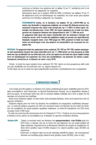 εκπίπτουν οι δαπάνες που ορίζονται από τα άρθρα 16 και 17, ανεξάρτητα από το αν
                  απαλλάσσονται της εφαρμογής του τεκμηρίου.
                  Προκειμένου όμως για τις χρήσεις 2008 και 2009, οι δαπάνες των άρθρων 16 και 17
                  θα αφαιρούνται κατά τον προσδιορισμό του κεφαλαίου των ετών αυτών μόνο εφόσον
                  εμπίπτουν στις διατάξεις εφαρμογής του τεκμηρίου.

                  ÅÐÉÓÇÌÁÉÍÅÔÁÉ επίσης, ότι οι διατάξεις του άρθρου 10 του ν.2019/1992 με τις
                  οποίες είχε θεσπισθεί η υποχρέωση υποβολής του εντύπου Ε6 (δήλωση κινητών περ-
                  ιουσιακών στοιχείων που είχατε στην κατοχή σας την 1.1.1991) το οποίο είχατε επι-
                  συνάψει στη δήλωση οικον. έτους 1992, δεν έχουν εφαρμογή για τα ποσά των πραγ-
                  ματικών και τεκμαρτών δαπανών που πραγματοποιείτε από 1.1.1994 και μετά.
                  Τα χρηματικά ποσά όμως που είχατε επικαλεσθεί από την ανάλωση ή πώληση των
                  στοιχείων αυτών, κατά τα ποσά που λήφθηκαν υπόψη για μείωση της προστιθέμενης
                  διαφοράς τεκμηρίου οικον. ετών 1992 μέχρι και 1994, μειώνουν τα ποσά των κεφα-
                  λαίων των αντίστοιχων ετών, που μπορείτε να επικαλεσθείτε για τη μείωση του τεκ-
                  μηρίου σας.

ÐÑÏÓÏ×Ç: Τα χρηματικά ποσά που γράφτηκαν στους κωδικούς 781-782 και 787-788, εφόσον προέρχον-
ται από περιουσιακά στοιχεία που είχαν αποκτηθεί μετά την 1.1.1988 πρέπει να είναι μειωμένα με κάθε
ποσό που είχε καταβληθεί για την απόκτησή τους, εκτός εάν πρόκειται για ποσά που έχουν ληφθεί υπόψη
κατά τον προσδιορισμό του κεφαλαίου του έτους που καταβλήθηκαν, την ανάλωση του οποίου ο φορο-
λογούμενος επικαλείται με τη δήλωση του οικον. έτους 2010.

  Επίσης, τα ποσά που έχουν γραφτεί στους κωδικούς 781-782, πρέπει να είναι μειωμένα με κάθε ποσό
που έχει καταβληθεί για την απόκτησή τους π.χ. φόρους δωρεών κτλ.
Το ίδιο ισχύει και για τα ποσά που έχουν φορολογηθεί αυτοτελώς ή απαλλάσσονται από τη φορολογία.




                                   ÓÕÌÐËÇÑÙÓÇ ÐÉÍÁÊÁ 7

   Στον πίνακα αυτό θα γράψετε τις δαπάνες στις οποίες αποδεδειγμένα έχετε υποβληθεί μέσα στο 2010,
αφού συνυποβάλετε, κατά περίπτωση, τα σχετικά δικαιολογητικά στοιχεία, για να αφαιρεθούν ακέραια ή
κατά ένα μέρος, τα αντίστοιχα ποσά τους από το συνολικό καθαρό εισόδημά σας ή από το φόρο που θα
προκύψει στο συνολικό σας εισόδημα.
  Δίπλα στους Κωδικούς γράψτε τα ολικά ποσά, κατά κατηγορία δαπάνης, όπως αυτά προκύπτουν από τις
σχετικές αποδείξεις.
   Εξαίρεση υπάρχει μόνο στο ποσό της δαπάνης που καταβάλατε σε επιχειρήσεις περίθαλψης ηλικιωμέ-
νων, το οποίο θα γράψετε μειωμένο στο 50% του συνολικού ποσού της δαπάνης και στο ποσό της δαπά-
νης που καταβάλατε για αγορά μεριδίων αμοιβαίων κεφαλαίων, το οποίο θα περιορίσετε στο 20% αυτού
και μέχρι ποσού 3.000 ευρώ.
 Τα ποσά που εκπίπτουν θα υπολογιστούν από την Υπηρεσία (Γ.Γ.Π.Σ.). Τονίζεται ότι για να αναγνωριστούν
ïé äáðÜíåò áõôÝò ðñÝðåé íá óõíõðïâÜëåôå ìå ôç äÞëùóç ôéò ó÷åôéêÝò áðïäåßîåéò äáðÜíçò.

Êùäéêïß 049.    Γράψτε το συνολικό ποσό των δαπανών που πραγματοποιήσατε στην Ελλάδα μέσα στο
                2010 εσείς, η σύζυγός σας και τα τέκνα που σας βαρύνουν για την αγορά αγαθών και
                λήψη υπηρεσιών. Σημειώνεται ότι οι δηλούμενες δαπάνες δεν μπορεί να υπερβαίνουν τις
                δέκα πέντε χιλιάδες ευρώ (15.000) ατομικά ή τις τριάντα χιλιάδες ευρώ (30.000) για
                οικογένεια.
                Ενδεικτικά, το ελάχιστο ύψος για να μην προκύψει πρόσθετος φόρος, των απαιτούμενων
                δαπανών για εισόδημα μέχρι σαράντα οκτώ χιλιάδες ευρώ (48.000), είναι το εξής:

                                                                                                         43
 