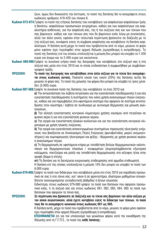 ζουν, όμως δεν δικαιούστε την έκπτωση, το ποσό της δαπάνης θα το αναγράψετε στους
                κωδικούς αριθμούς 419-420 του πίνακα 6.
Κωδικοί 073-074.Γράψτε το ποσό της ετήσιας δαπάνης που καταβάλατε για ασφάλιστρα ασφαλίσεων ζωής
                ή θανάτου, ασφαλίσεων προσωπικών ατυχημάτων, καθώς και των ασφαλίστρων για ασφ-
                αλιστήρια ασθένειας, για την ασφάλισή σας, της ή του συζύγου σας και των τέκνων που
                σας βαρύνουν, καθώς και των τέκνων σας που δε βαρύνουν εσάς λόγω μη συνοίκησης,
                αλλά τον άλλο γονέα, εφόσον στην τελευταία περίπτωση βρίσκεστε σε διάζευξη με το
                (τη) σύζυγό σας, συνάψατε εσείς τη σύμβαση ασφάλισης και καταβάλατε τη δαπάνη ασφ-
                αλίστρων. Η δαπάνη αυτή μέχρι το ποσό που προβλέπεται από το νόμο, μειώνει το φόρο
                μόνο εφόσον έχει περιληφθεί στην αρχική δήλωση (εμπρόθεσμη ή εκπρόθεσμη). Το
                ποσό της δαπάνης επί του οποίου υπολογίζεται η μείωση δεν μπορεί να υπερβεί τα 1.200
                ευρώ για άγαμο και τα 2.400 ευρώ για οικογένεια.
Κωδικοί 089-090.Γράψτε το συνολικό ετήσιο ποσό της διατροφής που καταβάλατε στο σύζυγό σας ή στη
                σύζυγό σας μέσα στο έτος 2010 και το οποίο επιδικάστηκε ή συμφωνήθηκε με συμβολαιο-
                γραφική πράξη.
ΠΡΟΣΟΧΗ:        Το ποσό της διατροφής που καταβλήθηκε στον άλλο σύζυγο για τα τέκνα δεν αναγράφε-
                ται στους κωδικούς αυτούς. Ποσοστό είκοσι τοις εκατό (20%) της δαπάνης αυτής θα
                μειώσει το φόρο σας. Το ποσό της μείωσης του φόρου δεν μπορεί να υπερβεί τις τρεις χιλιά-
                δες (3.000) ευρώ.
Κωδικοί 087-088.Γράψτε το συνολικό ποσό της δαπάνης που καταβάλατε το έτος 2010 για:
                α) Την αντικατάσταση του λέβητα πετρελαίου για την εγκατάσταση τηλεθέρμανσης ή για νέα
                εγκατάσταση τηλεθέρμανσης ή συστήματος που κάνει χρήση ανανεώσιμων πηγών ενέργει-
                ας, καθώς και για παρεμβάσεις στο υφιστάμενο σύστημα που αφορούν σε σύστημα αντιστά-
                θμισης στον καυστήρα / λέβητα σε συνδυασμό με αυτονομία θέρμανσης και μόνωση σωλ-
                ηνώσεων.
                β) Την αλλαγή εγκατάστασης κεντρικού κλιματισμού χρήσης καυσίμου από πετρέλαιο σε
                φυσικό αέριο ή για νέα εγκατάσταση φυσικού αερίου.
                γ) Την αγορά και εγκατάσταση ηλιακών συλλεκτών και για την εγκατάσταση κεντρικού κλι-
                ματισμού με χρήση ηλιακής ενέργειας.
                δ) Την αγορά και εγκατάσταση αποκεντρωμένων συστημάτων παραγωγής ηλεκτρικής ενέρ-
                γειας που βασίζονται σε Ανανεώσιμες Πηγές Ενέργειας (φωτοβολτα κά, μικρές ανεμογεν-
                νήτριες) και συμπαραγωγής ηλεκτρισμού και ψύξης - θέρμανσης με χρήση φυσικού αερίου
                ή ανανεώσιμων πηγών.
                ε) Τη θερμομόνωση σε υφιστάμενα κτήρια με τοποθέτηση διπλών θερμομονωτικών υαλοπι-
                νάκων και θερμομονωτικών πλαισίων / κουφωμάτων (συμπεριλαμβάνονται εξωτερικά
                καλύμματα, παντζούρια και ρολά) και τοποθέτηση θερμομόνωσης στο κέλυφος ή/και στην
                οροφή (δώμα ή στέγη).
                στ) Τη δαπάνη για τη διενέργεια ενεργειακής επιθεώρησης από αρμόδιο επιθεωρητή.
                Η δαπάνη επί της οποίας υπολογίζεται η μείωση 10% δεν μπορεί να υπερβεί το ποσό των
                6.000 ευρώ.
Κωδικοί 079-085.Γράψτε τα ποσά των διδάκτρων που καταβάλατε μέσα στο έτος 2010 για παράδοση προσω-
                πικά σε σας ή στα τέκνα σας, κατ' οίκον ή σε φροντιστήρια, ιδιαίτερων μαθημάτων οποιασ-
                δήποτε αναγνωρισμένης εκπαιδευτικής βαθμίδας ή ξένων γλωσσών.
                Ειδικότερα, στους κωδικούς 079-080 γράψτε τα ποσά των δαπανών που αφορούν προσω-
                πικά εσάς, ή τη σύζυγό σας και στους κωδικούς 081, 082, 083, 084, 085 τα ποσά των
                δαπανών που αφορούν τα τέκνα σας.
ΠΡΟΣΟΧΗ:        Σε περίπτωση που βρίσκεστε σε διάζευξη και τα τέκνα σας βαρύνουν τον άλλο σύζυγο με
                τον οποίο συγκατοικούν, αλλά έχετε καταβάλει εσείς τα δίδακτρα των τέκνων, το ποσό
                τους θα το αναγράψετε κανονικά στους κωδικούς 081 ως 085.
                Η δαπάνη αυτή, μέχρι το ποσό που προβλέπεται από το νόμο, μειώνει το φόρο μόνο εφόσον
                έχει περιληφθεί στην αρχική δήλωση (εμπρόθεσμη ή εκπρόθεσμη).
                ΕΠΙΣΗΜΑΙΝΕΤΑΙ ότι για τον υπολογισμό των μειώσεων φόρου κατά την εκκαθάριση της
                δήλωσης από τη Γ.Γ.Π.Σ., το ποσό της κάθε δαπάνης:

                                                                                                      53
 