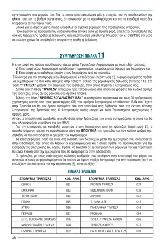 åããåãñáììÝíá óôá ìçôñþá ôïõ. Ãéá ôá ëïéðÜ ðñïóôáôåõüìåíá ìÝëç, óôïé÷åßá ðïõ íá áðïäåéêíýïõí ôçí
çëéêßá ôïõò êáé ôï âáèìü óõããÝíåéáò, üôé óõíïéêïýí ìå ôï öïñïëïãïýìåíï êáé üôé ôï åéóüäçìÜ ôïõò äåí
õðåñâáßíåé ôá ðéï ðÜíù ðïóÜ.
   ÅéäéêÜ ãéá ôá óôñáôåõìÝíá ðáéäéÜ õðïâÜëëåôáé ó÷åôéêÞ âåâáßùóç ôçò óôñáôéùôéêÞò õðçñåóßáò.
   ÐñïêåéìÝíïõ ãéá ðñüóùðá ðïõ ãñÜöïíôáé óôïí ðßíáêá áõôü ãéá ðñþôç öïñÜ, áðáéôåßôáé óõíõðïâïëÞ ôçò
ïéêåßáò ëçîéáñ÷éêÞò ðñÜîçò Þ âåâáßùóçò êáôÜ ðåñßðôùóç Þ õðåýèõíçò äÞëùóçò ôïõ í.1599/1986 üôé ìÝóá
óå åýëïãï ÷ñüíï èá õðïâëçèåß ç áðáñáßôçôç ðñÜîç Þ âåâáßùóç.



                                  ÓÕÌÐËÇÑÙÓÇ ÐÉÍÁÊÁ 11
Ç åðéóôñïöÞ ôïõ öüñïõ åéóïäÞìáôïò ãßíåôáé ìÝóù Ôñáðåæéêþí Ëïãáñéáóìþí ìå ôïõò åîÞò ôñüðïõò:
   á) ÅðéóôñïöÞ ìÝóù ëïãáñéáóìïý êáôáèÝóåùí (ôáìéåõôçñßïõ, ôñå÷ïýìåíï êáé üøåùò) ôùí äéêáéïý÷ùí êáé
   â) ÅðéóôñïöÞ ìå êáôáâïëÞ ìåôñçôþí óôïõò äéêáéïý÷ïõò áðü ôéò ôñÜðåæåò.
Åéäéêüôåñá ãéá ôçí åðéóôñïöÞ ìÝóù ëïãáñéáóìïý êáôáèÝóåùí (ðåñßðôùóç á’), ï öïñïëïãïýìåíïò ðñÝðåé
íá óõìðëçñþíåé ôá ðéï êÜôù óôïé÷åßá óôçí ôÝôáñôç óåëßäá ôçò öïñïëïãéêÞò äÞëùóçò (ðßíáêáò 11). Óôç
èÝóç “ÔÑÁÐÅÆÁ” ãñÜøôå ôçí åðùíõìßá ôçò ôñÜðåæáò, óôçí ïðïßá ôçñåßôáé ï ëïãáñéáóìüò óáò.
   Äßðëá áðü ôç èÝóç “ÔÑÁÐÅÆÁ” õðÜñ÷ïõí ôñßá ôåôñáãùíÜêéá óôá ïðïßá èá ãñÜøåôå ôïí êùäéêü áñéèìü
ôçò ôñÜðåæáò, üðùò áõôüò öáßíåôáé óôï ó÷åôéêü ðßíáêá.
   ÔÝëïò, óôç èÝóç “ÁÑÉÈÌÏÓ ËÏÃÁÑÉÁÓÌÏÕ ÉÂÁÍ” óõìðëçñþóôå ðñïóåêôéêÜ êáé ôïõò 25 áñéèìçôéêïýò
÷áñáêôÞñåò (åêôüò áðü ôïõò ÷áñáêôÞññåò GR) ôïõ áñéèìïý ëïãáñéáóìïý êáôáèÝóåùí ÉÂÁÍ ðïõ Ý÷åôå
óôçí ÔñÜðåæá êáé èá ôïí âñåßôå ôõðùìÝíï åßôå óôï ôñáðåæéêü óáò ÂéâëéÜñéï, åßôå óôï Ýíôõðï êßíçóçò
ëïãáñéáóìïý ôçò ÔñÜðåæÜò óáò. Ï ëïãáñéáóìüò áõôüò ìðïñåß íá åßíáé Ôáìéåõôçñßïõ, ôñå÷ïýìåíïò Þ
üøåùò, ìüíï.
Áí Ý÷åôå ïðïéáäÞðïôå áìöéâïëßá, áðåõèõíèåßôå óôçí ÔñÜðåæá ìå ôçí ïðïßá óõíåñãÜæåóôå, ç ïðïßá êáé èá
óáò ðëçñïöïñÞóåé õðåýèõíá ãéá ôïí ÉÂÁÍ.
   Ãéá ôçí åðéóôñïöÞ, ìå êáôáâïëÞ ìåôñçôþí óôïõò äéêáéïý÷ïõò áðü ôéò ôñÜðåæåò (ðåñßðôùóç â’), ï
öïñïëïãïýìåíïò ðñÝðåé íá óõìðëçñþóåé ìüíï ôçí ÅÐÙÍÕÌÉÁ ôçò ôñÜðåæáò êáé ôïí êùäéêü áñéèìü ôçò.
ÄçëáäÞ, äå èá áíáãñÜöåôáé ï áñéèìüò ôïõ ëïãáñéáóìïý.
   Ôá åðéóôñåöüìåíá ðïóÜ èá åßíáé óôç äéÜèåóç ôùí äéêáéïý÷ùí ìåôÜ ôçí çìåñïìçíßá ðïõ áíáãñÜöåôáé
óôçí åéäïðïßçóç, ôçí ïðïßá èá ëÜâïõí ïé öïñïëïãïýìåíïé êáé ç ïðïßá ðñÝðåé íá ðñïóêïìßæåôáé ãéá ôçí
åßóðñáîç ôçò åðéóôñïöÞò ôïõ öüñïõ. ÐñÝðåé íá ôïíéóèåß üôé ç åðéóôñïöÞ ôùí öüñùí ìå ôçí (á) ðåñßðôùóç
èá åßíáé Ýíôïêç áðü ôçí çìåñïìçíßá ðïõ èá áíáãñÜöåôáé óôçí åéäïðïßçóç.
   Ïé ôñÜðåæåò, ìå ôïõò áíôßóôïé÷ïõò êùäéêïýò áñéèìïýò, ðïõ ìåôÝ÷ïõí óôçí åðéóôñïöÞ ôïõ öüñïõ êáé
óõíåðþò ó’áõôÝò ïé öïñïëïãïýìåíïé èá ðñÝðåé íá Ý÷ïõí áíïßîåé ëïãáñéáóìü ãéá ôçí ðåñßðôùóç (á) Þ íá
åðéëÝîïõí ìßá áðü áõôÝò ãéá ôçí ðåñßðôùóç (â), åßíáé ïé åîÞò:

                                       ÐÉÍÁÊÁÓ ÔÑÁÐÅÆÙÍ

     ÅÐÙÍÕÌÉÁ ÔÑÁÐÅÆÁÓ               ÊÙÄ. ÁÑÉÈ.       ÅÐÙÍÕÌÉÁ ÔÑÁÐÅÆÁÓ                ÊÙÄ. ÁÑÉÈ.
      ÅÈÍÉÊÇ                          011              PROTON ÔÑÁÐÅÆÁ                   037
      ÅÌÐÏÑÉÊÇ                        012              MILLENNIUM BANK                  038
      ALPHA BANK                      014              ÁÃÑÏÔÉÊÇ                         043
      ÃÅÍÉÊÇ                          015              T. BANK ATE                      047
      ÁÔÔÉÊÇ                          016              ÐÁÍÅËËÇÍÉÁ ÔÑÁÐÅÆÁ               049
      ÐÅÉÑÁÉÙÓ                        017              PROBANK                          054
      E.F.G. EUROBANK ERGASIAS        026              ÓÕÍÅÔ. ÔÑÁÐÅÆÁ ×ÁÍÉÙÍ            069
      MARFIN ÅÃÍÁÔÉÁ ÔÑÁÐÅÆÁ          028              ÔÑÁÐÅÆÁ ÊÕÐÑÏÕ                   073
      ÅËËÇÍÉÊÇ ÔÑÁÐÅÆÁ                032              ÐÁÃÊÑÇÔÉÁ ÓÕÍÅÔ. ÔÑÁÐÅÆÁ         087

56
 