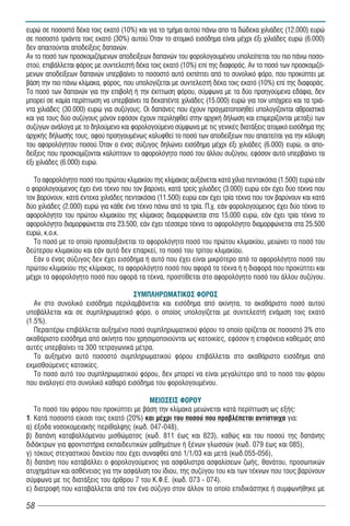 ευρώ σε ποσοστό δέκα τοις εκατό (10%) και για το τμήμα αυτού πάνω απο τα δώδεκα χιλιάδες (12.000) ευρώ
σε ποσοστό τριάντα τοις εκατό (30%) αυτού.Όταν το ατομικό εισόδημα είναι μέχρι έξι χιλιάδες ευρώ (6.000)
δεν απαιτούνται αποδείξεις δαπανών.
Αν το ποσό των προσκομιζόμενων αποδείξεων δαπανών του φορολογουμένου υπολείπεται του πιο πάνω ποσο-
στού, επιβάλλεται φόρος με συντελεστή δέκα τοις εκατό (10%) επί της διαφοράς. Αν το ποσό των προσκομιζό-
μενων αποδείξεων δαπανών υπερβαίνει το ποσοστό αυτό εκπίπτει από το συνολικό φόρο, που προκύπτει με
βάση την πιο πάνω κλίμακα, φόρος, που υπολογίζεται με συντελεστή δέκα τοις εκατό (10%) επί της διαφοράς.
Το ποσό των δαπανών για την επιβολή ή την έκπτωση φόρου, σύμφωνα με τα δύο προηγούμενα εδάφια, δεν
μπορεί σε καμία περίπτωση να υπερβαίνει τα δεκαπέντε χιλιάδες (15.000) ευρώ για τον υπόχρεο και τα τριά-
ντα χιλιάδες (30.000) ευρώ για συζύγους. Οι δαπάνες που έχουν πραγματοποιηθεί υπολογίζονται αθροιστικά
και για τους δύο συζύγους μόνον εφόσον έχουν περιληφθεί στην αρχική δήλωση και επιμερίζονται μεταξύ των
συζύγων ανάλογα με το δηλούμενο και φορολογούμενο σύμφωνα με τις γενικές διατάξεις ατομικό εισόδημα της
αρχικής δήλωσής τους, αφού προηγουμένως καλυφθεί το ποσό των αποδείξεων που απαιτείται για την κάλυψη
του αφορολόγητου ποσού.Όταν ο ένας σύζυγος δηλώνει εισόδημα μέχρι έξι χιλιάδες (6.000) ευρώ, οι απο-
δείξεις που προσκομίζονται καλύπτουν το αφορολόγητο ποσό του άλλου συζύγου, εφόσον αυτό υπερβαίνει τα
έξι χιλιάδες (6.000) ευρώ.

   Ôï áöïñïëüãçôï ðïóü ôïõ ðñþôïõ êëéìáêßïõ ôης êëίμακας áõîÜíåôáé êáôÜ ÷ßëéá πεντακόσια (1.500) åõñþ åÜí
ï öïñïëïãïýìåíïò Ý÷åé Ýíá ôÝêíï ðïõ ôïí âáñýíåé, êáôÜ τρείς ÷éëéÜäåò (3.000) åõñþ åÜí Ý÷åé äýï ôÝêíá ðïõ
ôïí âáñýíïõí, êáôÜ έντεκα ÷éëéÜäåò πεντακόσια (11.500) åõñþ åáí Ý÷åé ôñßá ôÝêíá ðïõ ôïí âáñýíïõí êáé êáôÜ
δύο χιλιάδες (2.000) åõñþ ãéá êÜèå Ýíá ôÝêíï ðÜíù áðü ôá ôñßá. Ð.÷. åÜí öïñïëïãïýìåíïò Ý÷åé äýï ôÝêíá ôï
áöïñïëüãçôï ôïõ ðñþôïõ êëéìáêßïõ ôçò êëßìáêáò äéáìïñöþíåôáé óôá 15.000 åõñþ, åÜí Ý÷åé ôñßá ôÝêíá ôï
áöïñïëüãçôï äéáìïñöþíåôáé óôá 23.500, åÜí Ý÷åé ôÝóóåñá ôÝêíá ôï áöïñïëüãçôï äéáìïñöþíåôáé óôá 25.500
åõñþ, ê.ï.ê.
   Ôï ðïóü ìå ôï ïðïßï ðñïóáõîÜíåôáé ôï áöïñïëüãçôï ðïóü ôïõ ðñþôïõ êëéìáêßïõ, ìåéþíåé ôï ðïóü ôïõ
äåýôåñïõ êëéìáêßïõ êáé åÜí áõôü äåí åðáñêåß, ôï ðïóü ôïõ ôñßôïõ êëéìáêßïõ.
   ÅÜí ï Ýíáò óýæõãïò äåí Ý÷åé åéóüäçìá Þ áõôü ðïõ Ý÷åé åßíáé ìéêñüôåñï áðü ôï áöïñïëüãçôï ðïóü ôïõ
ðñþôïõ êëéìáêßïõ ôçò êëßìáêáò, ôï áöïñïëüãçôï ðïóü ðïõ áöïñÜ ôá ôÝêíá Þ ç äéáöïñÜ ðïõ ðñïêýðôåé êáé
ìÝ÷ñé ôï áöïñïëüãçôï ðïóü ðïõ áöïñÜ ôá ôÝêíá, ðñïóôßèåôáé óôï áöïñïëüãçôï ðïóü ôïõ Üëëïõ óõæýãïõ.

                                   ÓÕÌÐËÇÑÙÌÁÔÉÊÏÓ ÖÏÑÏÓ
   Áí óôï óõíïëéêü åéóüäçìá ðåñéëáìâÜíåôáé êáé åéóüäçìá áðü áêßíçôá, ôï áêáèÜñéóôï ðïóü áõôïý
õðïâÜëëåôáé êáé óå óõìðëçñùìáôéêü öüñï, ï ïðïßïò õðïëïãßæåôáé ìå óõíôåëåóôÞ åíÜìéóç ôïéò åêáôü
(1.5%).
   ÐåñáéôÝñù åðéâÜëëåôáé áõîçìÝíï ðïóü óõìðëçñùìáôéêïý öüñïõ ôï ïðïßï ïñßæåôáé óå ðïóïóôü 3% óôï
áêáèÜñéóôï åéóüäçìá áðü áêßíçôá ðïõ ÷ñçóéìïðïéïýíôáé ùò êáôïéêßåò, åöüóïí ç åðéöÜíåéá êáèåìéÜò áðü
áõôÝò õðåñâáßíåé ôá 300 ôåôñáãùíéêÜ ìÝôñá.
   Ôï áõîçìÝíï áõôü ðïóïóôü óõìðëçñùìáôéêïý öüñïõ åðéâÜëëåôáé óôï áêáèÜñéóôï åéóüäçìá áðü
åêìéóèïýìåíåò êáôïéêßåò.
   Ôï ðïóü áõôü ôïõ óõìðëçñùìáôéêïý öüñïõ, äåí ìðïñåß íá åßíáé ìåãáëýôåñï áðü ôï ðïóü ôïõ öüñïõ
ðïõ áíáëïãåß óôï óõíïëéêü êáèáñü åéóüäçìá ôïõ öïñïëïãïõìÝíïõ.

                                         ÌÅÉÙÓÅÉÓ ÖÏÑÏÕ
   Ôï ðïóü ôïõ öüñïõ ðïõ ðñïêýðôåé ìå âÜóç ôçí êëßìáêá ìåéþíåôáé êáôÜ περίπτωση ως εξής:
1. Κατά ðïóïóôü åßêïóé ôïéò åêáôü (20%) êáé ìÝ÷ñé ôïõ ðïóïý ðïõ ðñïâëÝðåôáé áíôßóôïé÷á ãéá:
á) Ýîïäá íïóïêïìåéáêÞò ðåñßèáëøçò (êùä. 047-048),
â) äáðÜíç êáôáâáëëüìåíïõ ìéóèþìáôïò (êùä. 811 Ýùò και 823), êáèþò êáé ôïõ ðïóïý ôçò äáðÜíçò
äéäÜêôñùí ãéá öñïíôéóôÞñéá åêðáéäåõôéêþí ìáèçìÜôùí Þ îÝíùí ãëùóóþí (êùä. 079 Ýùò και 085),
ã) ôüêïõò óôåãáóôéêïý äáíåßïõ ðïõ Ý÷åé óõíáöèåß áðü 1/1/03 êáé ìåôÜ (êùä.055-056),
ä) δαπάνη που καταβάλλει ο φορολογούμενος για ασφάλιστρα ασφαλίσεων ζωής, θανάτου, προσωπικών
ατυχημάτων και ασθένειας για την ασφάλιση του ίδιου, της συζύγου του και των τέκνων που τους βαρύνουν
σύμφωνα με τις διατάξεις του άρθρου 7 του Κ.Φ.Ε. (κωδ. 073 - 074).
ε) διατροφή που καταβάλλεται από τον ένα σύζυγο στον άλλον το οποίο επιδικάστηκε ή συμφωνήθηκε με

58
 
