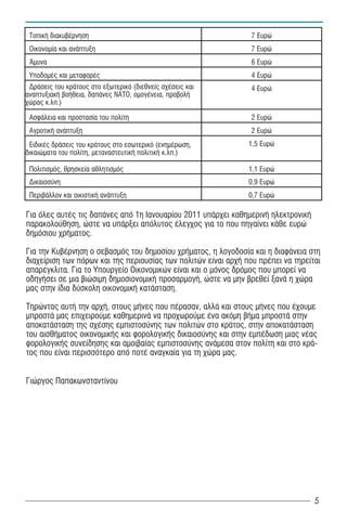 Τοπική διακυβέρνηση                                             7 Ευρώ
 Οικονομία και ανάπτυξη                                          7 Ευρώ
 Άμυνα                                                           6 Ευρώ
 Υποδομές και μεταφορές                                          4 Ευρώ
 Δράσεις του κράτους στο εξωτερικό (διεθνείς σχέσεις και         4 Ευρώ
αναπτυξιακή βοήθεια, δαπάνες ΝΑΤΟ, ομογένεια, προβολή
χώρας κ.λπ.)

 Ασφάλεια και προστασία του πολίτη                               2 Ευρώ
 Αγροτική ανάπτυξη                                               2 Ευρώ
 Ειδικές δράσεις του κράτους στο εσωτερικό (ενημέρωση,          1,5 Ευρώ
δικαιώματα του πολίτη, μεταναστευτική πολιτική κ.λπ.)

 Πολιτισμός, θρησκεία αθλητισμός                                1,1 Ευρώ
 Δικαιοσύνη                                                     0,9 Ευρώ
 Περιβάλλον και οικιστική ανάπτυξη                              0,7 Ευρώ

Για όλες αυτές τις δαπάνες από 1η Ιανουαρίου 2011 υπάρχει καθημερινή ηλεκτρονική
παρακολούθηση, ώστε να υπάρξει απόλυτος έλεγχος για το που πηγαίνει κάθε ευρώ
δημόσιου χρήματος.

Για την Κυβέρνηση ο σεβασμός του δημοσίου χρήματος, η λογοδοσία και η διαφάνεια στη
διαχείριση των πόρων και της περιουσίας των πολιτών είναι αρχή που πρέπει να τηρείται
απαρέγκλιτα. Για το Υπουργείο Οικονομικών είναι και ο μόνος δρόμος που μπορεί να
οδηγήσει σε μια βιώσιμη δημοσιονομική προσαρμογή, ώστε να μην βρεθεί ξανά η χώρα
μας στην ίδια δύσκολη οικονομική κατάσταση.

Τηρώντας αυτή την αρχή, στους μήνες που πέρασαν, αλλά και στους μήνες που έχουμε
μπροστά μας επιχειρούμε καθημερινά να προχωρούμε ένα ακόμη βήμα μπροστά στην
αποκατάσταση της σχέσης εμπιστοσύνης των πολιτών στο κράτος, στην αποκατάσταση
του αισθήματος οικονομικής και φορολογικής δικαιοσύνης και στην εμπέδωση μιας νέας
φορολογικής συνείδησης και αμοιβαίας εμπιστοσύνης ανάμεσα στον πολίτη και στο κρά-
τος που είναι περισσότερο από ποτέ αναγκαία για τη χώρα μας.


Γιώργος Παπακωνσταντίνου




                                                                                   5
 