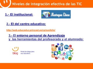Niveles de integración efectiva de las TIC 
1.- El institucional: 
2.- El del centro educativo: 
http://web.educastur.princast.es/cp/sanfelix/ 
3.- El entorno personal de Aprendizaje 
y las herramientas del profesorado y el alumnado: 
Portal de blogs para 
uso educativo. 
 