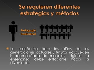 Pedagogía
Tradicional
La enseñanza para los niños de las
generaciones actuales y futuras no pueden
ir acompañada de modelos rígidos. La
enseñanza debe enfocarse hacia la
diversidad.