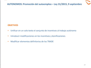 OBJETIVOS
• Unificar en un solo texto el conjunto de incentivos al trabajo autónomo
• Introducir modificaciones en los incentivos y bonificaciones
• Modificar elementos definitorios de los TRADE
27
AUTONOMOS: Promoción del autoempleo – Ley 31/2015, 9 septiembre
 
