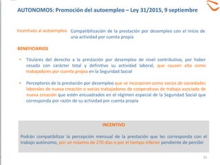 Compatibilización de la prestación por desempleo con el inicio de
una actividad por cuenta propia
• Titulares del derecho a la prestación por desempleo de nivel contributivo, por haber
cesado con carácter total y definitivo su actividad laboral, que causen alta como
trabajadores por cuenta propia en la Seguridad Social
• Perceptores de la prestación por desempleo que se incorporen como socios de sociedades
laborales de nueva creación o socios trabajadores de cooperativas de trabajo asociado de
nueva creación que estén encuadrados en el régimen especial de la Seguridad Social que
corresponda por razón de su actividad por cuenta propia
INCENTIVO
Podrán compatibilizar la percepción mensual de la prestación que les corresponda con el
trabajo autónomo, por un máximo de 270 días o por el tiempo inferior pendiente de percibir
Incentivos al autoempleo
BENEFICIARIOS
33
AUTONOMOS: Promoción del autoempleo – Ley 31/2015, 9 septiembre
 
