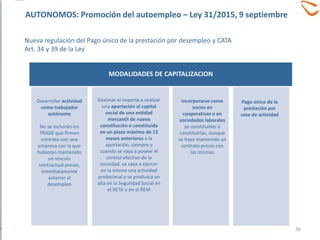 Nueva regulación del Pago único de la prestación por desempleo y CATA
Art. 34 y 39 de la Ley
Desarrollar actividad
como trabajador
autónomo
No se incluirán los
TRADE que firmen
contrato con una
empresa con la que
hubieran mantenido
un vínculo
contractual previo,
inmediatamente
anterior al
desempleo
Destinar el importe a realizar
una aportación al capital
social de una entidad
mercantil de nueva
constitución o constituida
en un plazo máximo de 12
meses anteriores a la
aportación, siempre y
cuando se vaya a poseer el
control efectivo de la
sociedad, se vaya a ejercer
en la misma una actividad
profesional y se produzca un
alta en la Seguridad Social en
el RETA o en el REM
Incorporarse como
socios en
cooperativas o en
sociedades laborales
ya constituidas o
constituirlas, aunque
se haya mantenido un
contrato previo con
las mismas
Pago único de la
prestación por
cese de actividad
MODALIDADES DE CAPITALIZACION
36
AUTONOMOS: Promoción del autoempleo – Ley 31/2015, 9 septiembre
 