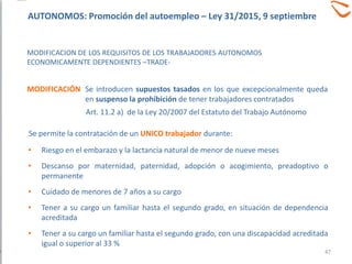 Se introducen supuestos tasados en los que excepcionalmente queda
en suspenso la prohibición de tener trabajadores contratados
MODIFICACION DE LOS REQUISITOS DE LOS TRABAJADORES AUTONOMOS
ECONOMICAMENTE DEPENDIENTES –TRADE-
Se permite la contratación de un UNICO trabajador durante:
• Riesgo en el embarazo y la lactancia natural de menor de nueve meses
• Descanso por maternidad, paternidad, adopción o acogimiento, preadoptivo o
permanente
• Cuidado de menores de 7 años a su cargo
• Tener a su cargo un familiar hasta el segundo grado, en situación de dependencia
acreditada
• Tener a su cargo un familiar hasta el segundo grado, con una discapacidad acreditada
igual o superior al 33 %
MODIFICACIÓN
Art. 11.2 a) de la Ley 20/2007 del Estatuto del Trabajo Autónomo
47
AUTONOMOS: Promoción del autoempleo – Ley 31/2015, 9 septiembre
 