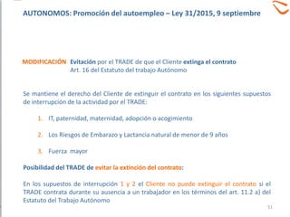 Se mantiene el derecho del Cliente de extinguir el contrato en los siguientes supuestos
de interrupción de la actividad por el TRADE:
1. IT, paternidad, maternidad, adopción o acogimiento
2. Los Riesgos de Embarazo y Lactancia natural de menor de 9 años
3. Fuerza mayor
Posibilidad del TRADE de evitar la extinción del contrato:
En los supuestos de interrupción 1 y 2 el Cliente no puede extinguir el contrato si el
TRADE contrata durante su ausencia a un trabajador en los términos del art. 11.2 a) del
Estatuto del Trabajo Autónomo
Evitación por el TRADE de que el Cliente extinga el contrato
Art. 16 del Estatuto del trabajo Autónomo
MODIFICACIÓN
51
AUTONOMOS: Promoción del autoempleo – Ley 31/2015, 9 septiembre
 