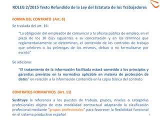 FORMA DEL CONTRATO (Art. 8)
6
Se traslada del art. 16:
“La obligación del empleador de comunicar a la oficina pública de empleo, en el
plazo de los 10 días siguientes a su concertación y en los términos que
reglamentariamente se determinen, el contenido de los contratos de trabajo
que celebren o las prórrogas de los mismos, deban o no formalizarse por
escrito”
Se adiciona:
“El tratamiento de la información facilitada estará sometido a los principios y
garantías previstos en la normativa aplicable en materia de protección de
datos” en relación a la información contenida en la copia básica del contrato
CONTRATOS FORMATIVOS (Art. 11)
Sustituye la referencia a los puestos de trabajo, grupos, niveles o categorías
profesionales objeto de esta modalidad contractual adaptando la clasificación
profesional mediante “grupos profesionales” para favorecer la flexibilidad funcional
en el sistema productivo español
RDLEG 2/2015 Texto Refundido de la Ley del Estatuto de los Trabajadores
 