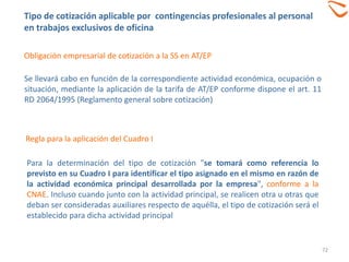 Regla para la aplicación del Cuadro I
Se llevará cabo en función de la correspondiente actividad económica, ocupación o
situación, mediante la aplicación de la tarifa de AT/EP conforme dispone el art. 11
RD 2064/1995 (Reglamento general sobre cotización)
Para la determinación del tipo de cotización "se tomará como referencia lo
previsto en su Cuadro I para identificar el tipo asignado en el mismo en razón de
la actividad económica principal desarrollada por la empresa", conforme a la
CNAE. Incluso cuando junto con la actividad principal, se realicen otra u otras que
deban ser consideradas auxiliares respecto de aquélla, el tipo de cotización será el
establecido para dicha actividad principal
Obligación empresarial de cotización a la SS en AT/EP
72
Tipo de cotización aplicable por contingencias profesionales al personal
en trabajos exclusivos de oficina
 