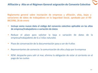 80
Reglamento general sobre inscripción de empresas y afiliación, altas, bajas y
variaciones de datos de trabajadores en la Seguridad Social, aprobado por el RD
84/1996, 26 de enero
• Incluye como nuevo dato el código del convenio colectivo aplicable en las altas
de empresa/trabajadores o variación de datos
• Reduce el plazo para solicitar la baja o variación de datos de la
empresa/trabajadores de 6 a 3 días naturales
• Plazo de conservación de la documentación pasa a ser de 4 años
• Representantes de comercio: la comunicación de alta y baja por la empresa
• REM: despacho para salir al mar, elimina la obligación de estar al corriente en el
pago de las cuotas
Afiliación y Alta en el Régimen General asignación de Convenio Colectivo
 