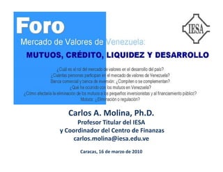 Carlos A. Molina, Ph.D.
      Profesor Titular del IESA
y Coordinador del Centro de Finanzas
    carlos.molina@iesa.edu.ve
       Caracas, 16 de marzo de 2010
 