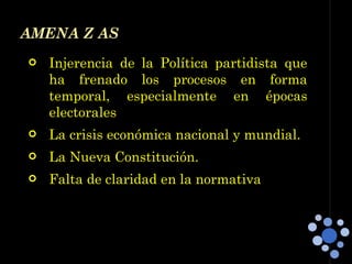 AMENA Z AS Injerencia de la Política partidista que ha frenado los procesos en forma temporal, especialmente en épocas electorales La crisis económica nacional y mundial. La Nueva Constitución.  Falta de claridad en la normativa 