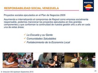 RESPONSABILIDAD SOCIAL VENEZUELA Asumiendo e internalizando el compromiso de Repsol como empresa socialmente responsable, podemos mencionar los proyectos ejecutados en tres grandes componentes y que conforman la continuidad de nuestra gestión año a año en cada una de estas áreas:  ©  Dirección DG Upstream Septiembre 2010 Proyectos sociales ejecutados en el Plan de Negocios 2009 La Escuela y su Gente Comunidades Saludables Fortalecimiento de la Economía Local 