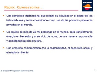 ©  Dirección DG Upstream Septiembre 2010 Una compañía internacional que realiza su actividad en el sector de los hidrocarburos y se ha consolidado como una de las primeras petroleras privadas en el mundo. Un equipo de más de 35 mil personas en el mundo, para transformar la energía en bienestar y al servicio de todos, de una manera responsable y comprometida con el futuro. Una empresa comprometida con la sostenibilidad, el desarrollo social y el medio ambiente. Repsol,  Quienes somos... 