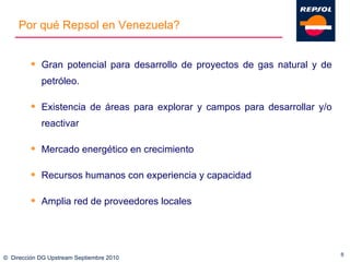 ©  Dirección DG Upstream Septiembre 2010 Gran potencial para desarrollo de proyectos de gas natural y de petróleo. Existencia de áreas para explorar y campos para desarrollar y/o reactivar Mercado energético en crecimiento Recursos humanos con experiencia y capacidad Amplia red de proveedores locales Por qué Repsol en Venezuela? 