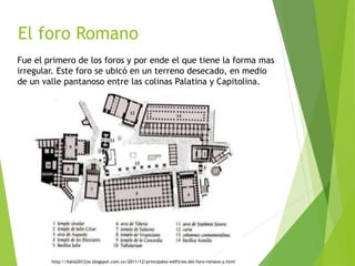 El foro Romano
Fue el primero de los foros y por ende el que tiene la forma mas
irregular. Este foro se ubicó en un terreno desecado, en medio
de un valle pantanoso entre las colinas Palatina y Capitolina.
http://italia2012jw.blogspot.com.co/2011/12/principales-edificios-del-foro-romano-y.html
 