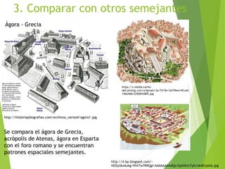 3. Comparar con otros semejantes
http://historiaybiografias.com/archivos_varios4/agora1.jpg
Ágora - Grecia
http://4.bp.blogspot.com/-
HO2yUkx6ukg/VhhTw7KRQgI/AAAAAAAAAQs/GphlNJcTyfs/s640/polis.jpg
https://s-media-cache-
ak0.pinimg.com/originals/3a/74/9e/3a749ea14fca4c
14be4d61229d043805.jpg
Se compara el ágora de Grecia,
acrópolis de Atenas, ágora en Esparta
con el foro romano y se encuentran
patrones espaciales semejantes.
 