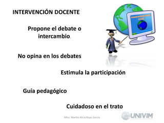 Mtra. Martha Alicia Rojas García
Propone el debate o
intercambio.
INTERVENCIÓN DOCENTE
No opina en los debates
Estimula la participación
Guía pedagógico
Cuidadoso en el trato
 