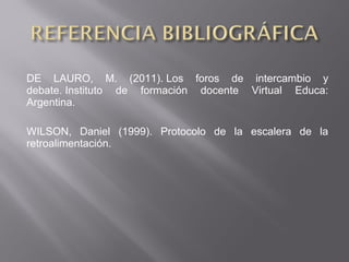 DE LAURO, M. (2011). Los foros de intercambio y
debate. Instituto de formación docente Virtual Educa:
Argentina.
WILSON, Daniel (1999). Protocolo de la escalera de la
retroalimentación.
 