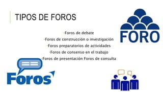 TIPOS DE FOROS 
•Foros de debate 
•Foros de construcción o investigación 
•Foros preparatorios de actividades 
•Foros de consenso en el trabajo 
•Foros de presentación Foros de consulta 
 