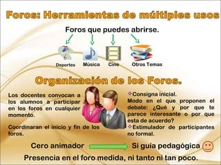 Los docentes convocan a
los alumnos a participar
en los foros en cualquier
momento.
Deportes
Foros que puedes abrirse.
Otros TemasMúsica Cine
Coordinaran el inicio y fin de los
foros.
Consigna inicial.
Modo en el que proponen el
debate: ¿Qué y por que te
parece interesante o por que
esta de acuerdo?
Estimulador de participantes
no formal.
Cero animador
Presencia en el foro medida, ni tanto ni tan poco.
Si guía pedagógica
 
