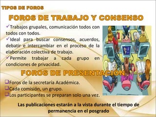 Trabajos grupales, comunicación todos con
todos con todos.
Ideal para buscar consensos, acuerdos,
debatir e intercambiar en el proceso de la
elaboración colectiva de trabajo.
Permite trabajar a cada grupo en
condiciones de privacidad.
Foros de la secretaría Académica.
Cada comisión, un grupo.
Los participantes se preparan solo una vez.
Las publicaciones estarán a la vista durante el tiempo de
permanencia en el posgrado
 