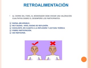 • AL CIERRE DEL FORO, EL MODERADOR DEBE ENVIAR UNA VALORACIÓN
CUALITATIVA SOBRE EL DESEMPEÑO LOS PARTICIPANTES.
 BUENA.-MEJORABLE.
 MUY BUENA.- NIVEL BUENO DE REFLEXIÓN.
 EXCELENTE.-EN CUANTO A LA REFLEXIÓN Y LECTURA TEÓRICA
 POBRE PARTICIPACIÓN.
 SIN PARTICIPAR.
.
RETROALIMENTACIÓN
 