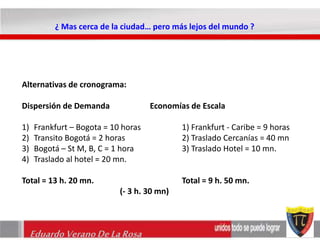 ¿ Mas cerca de la ciudad… pero más lejos del mundo ? 
Alternativas de cronograma: 
Dispersión de Demanda Economías de Escala 
1) Frankfurt – Bogota = 10 horas 1) Frankfurt - Caribe = 9 horas 
2) Transito Bogotá = 2 horas 2) Traslado Cercanías = 40 mn 
3) Bogotá – St M, B, C = 1 hora 3) Traslado Hotel = 10 mn. 
4) Traslado al hotel = 20 mn. 
Total = 13 h. 20 mn. Total = 9 h. 50 mn. 
(- 3 h. 30 mn) 
Eduardo Verano De La Rosa 
 