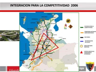 INTEGRACION PARA LA COMPETITIVIDAD 2006 
BARRANQUILLA 
MONTERIA 
CAUCASIA 
TOLU COVEÑAS 
SAN ANDRES 
TURBO 
BOLOMBOLO 
CABAÑAS 
Eduardo Verano De La Rosa 
TAMALAMEQUE 
GAMARRA 
PTO. BERRIO 
LA DORADA 
BUENAVENTURA 
CARTAGENA 
SANTA MARTA 
GUAJIRA 
TUMACO 
BOGOTA 
MEDELLIN 
CALI 
CUCUTA 
VILLAVICENCIO 
PASTO 
POPAYAN 
VALLEDUPAR 
ARAUCA 
ARMENIA 
AUTOPISTA PARA LA 
COMPETITIVIDAD 
RED FERREA 
RIO MAGDALENA 
RIO CAUCA 
ZONA PORTUARIA 
MARITIMA 
CENTRO LOGISTICO DE 
TRANSFERENCIA 
INTERMODAL 
RIOHACHA 
TUNJA 
BUGA 
NEIVA 
CORREDORES ARTERIALES 
COMPLEMENTARIOS 
BUCARAMANGA 
PTO. SALGAR 
PTO. WILCHES 
BARRANCABERMEJA 
 