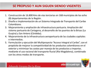 SE PROPUSO Y AUN SIGUEN SIENDO VIGENTES 
1. Construcción de 16.800 Kms de vías terciarias en 168 municipios de los ocho 
(8) departamentos de la Región. 
2. Diseño e Implementación de un Sistema Integrado de Transporte del Caribe 
Colombiano. 
3. Mejoramiento y ampliación de infraestructura portuaria. Ampliación del 
sistema portuario de Cartagena, al desarrollo de los puertos de la Brisas (La 
Guajira) y San Antero (Córdoba). 
4. Mejoramiento de la infraestructura aeroportuaria de las ciudades capitales 
e intermedias. 
5. Formulación y ejecución del Multiproyecto “Acceso Integral al Caribe”, con el 
propósito de mejorar la competitividad de los productos colombianos en el 
exterior y minimizar los costos por manejo de los productos a importar, 
mediante el uso racional del transporte fluvial (Río Magdalena), combinado 
con los otros modos de transporte. 
Eduardo Verano De La Rosa 
 