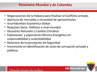 Panorama Mundial y de Colombia 
• Negociaciones de la Habana para finalizar el Conflicto armado. 
• Apertura de mercados y necesidad de aprovecharlos 
• Incertidumbre Económica Global 
• Reajustes Socio- Políticos a nivel mundial 
• Desastres Naturales y Cambio Climático 
• Explotación y exportación Minero Energética sin 
responsabilidad y sustentabilidad 
• Deterioro de la percepción de Seguridad 
• Incremento en identificación de actos de corrupción privada y 
públicas 
Eduardo Verano De La Rosa 
 