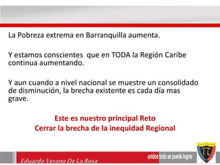 La Pobreza extrema en Barranquilla aumenta. 
Y estamos conscientes que en TODA la Región Caribe 
continua aumentando. 
Y aun cuando a nivel nacional se muestre un consolidado 
de disminución, la brecha existente es cada día mas 
grave. 
Este es nuestro principal Reto 
Cerrar la brecha de la inequidad Regional 
Eduardo Verano De La Rosa 
 