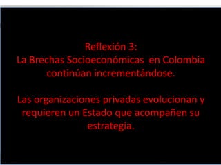 Reflexión 3: 
La Brechas Socioeconómicas en Colombia 
continúan incrementándose. 
Las organizaciones privadas evolucionan y 
requieren un Estado que acompañen su 
estrategia. 
Eduardo Verano De La Rosa 
 
