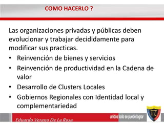 COMO HACERLO ? 
Las organizaciones privadas y públicas deben 
evolucionar y trabajar decididamente para 
modificar sus practicas. 
• Reinvención de bienes y servicios 
• Reinvención de productividad en la Cadena de 
valor 
• Desarrollo de Clusters Locales 
• Gobiernos Regionales con Identidad local y 
complementariedad 
Eduardo Verano De La Rosa 
 