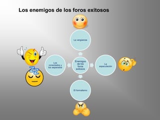 Los enemigos de los foros exitosos
Enemigos
de los
foros
exitosos
La vergüenza
La
especulación
El formalismo
Los
conectados y
los separados
 
