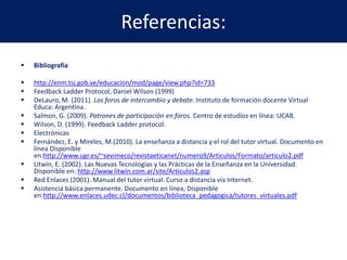 Referencias: 
 Bibliografía 
 http://enm.tsj.gob.ve/educacion/mod/page/view.php?id=733 
 Feedback Ladder Protocol, Daniel Wilson (1999) 
 DeLauro, M. (2011). Los foros de intercambio y debate. Instituto de formación docente Virtual 
Educa: Argentina. 
 Salmon, G. (2009). Patrones de participación en foros. Centro de estudios en línea: UCAB. 
 Wilson, D. (1999). Feedback Ladder protocol. 
 Electrónicas 
 Fernández, E. y Mireles, M.(2010). La enseñanza a distancia y el rol del tutor virtual. Documento en 
línea Disponible 
en:http://www.ugr.es/~sevimeco/revistaeticanet/numero9/Articulos/Formato/articulo2.pdf 
 Litwin, E. (2002). Las Nuevas Tecnologías y las Prácticas de la Enseñanza en la Universidad. 
Disponible en: http://www.litwin.com.ar/site/Articulos2.asp 
 Red Enlaces (2001). Manual del tutor virtual. Curso a distancia vía Internet. 
 Asistencia básica permanente. Documento en línea, Disponible 
en:http://www.enlaces.udec.cl/documentos/biblioteca_pedagogica/tutores_virtuales.pdf 
 