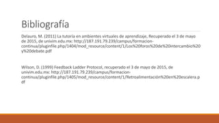 Bibliografía
Delauro, M. (2011) La tutoría en ambientes virtuales de aprendizaje, Recuperado el 3 de mayo
de 2015, de univim.edu.mx: http://187.191.79.239/campus/formacion-
continua/pluginfile.php/1404/mod_resource/content/1/Los%20foros%20de%20intercambio%20
y%20debate.pdf
Wilson, D. (1999) Feedback Ladder Protocol, recuperado el 3 de mayo de 2015, de
univim.edu.mx: http://187.191.79.239/campus/formacion-
continua/pluginfile.php/1405/mod_resource/content/1/Retroalimentación%20en%20escalera.p
df
 