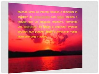 Muchos foros en Internet tienden a fomentar la
creación de comunidades con reglas propias e
incluso con un lenguaje distintivo, formando
una subcultura. Se llegan a organizar eventos
sociales que pueden llegar a involucrar viajes
internacionales masivos.
 