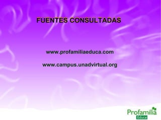 FUENTES CONSULTADAS www.profamiliaeduca.com www.campus.unadvirtual.org FUENTES CONSULTADAS 