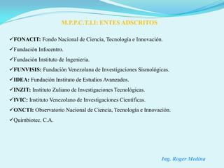 M.P.P.C.T.I.I: ENTES ADSCRITOS

FONACIT: Fondo Nacional de Ciencia, Tecnología e Innovación.
Fundación Infocentro.
Fundación Instituto de Ingeniería.
FUNVISIS: Fundación Venezolana de Investigaciones Sismológicas.
IDEA: Fundación Instituto de Estudios Avanzados.
INZIT: Instituto Zuliano de Investigaciones Tecnológicas.
IVIC: Instituto Venezolano de Investigaciones Científicas.
ONCTI: Observatorio Nacional de Ciencia, Tecnología e Innovación.
Quimbiotec. C.A.




                                                              Ing. Roger Medina
 