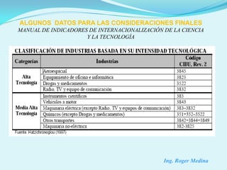 ALGUNOS DATOS PARA LAS CONSIDERACIONES FINALES
MANUAL DE INDICADORES DE INTERNACIONALIZACIÓN DE LA CIENCIA
                     Y LA TECNOLOGÍA




                                              Ing. Roger Medina
 
